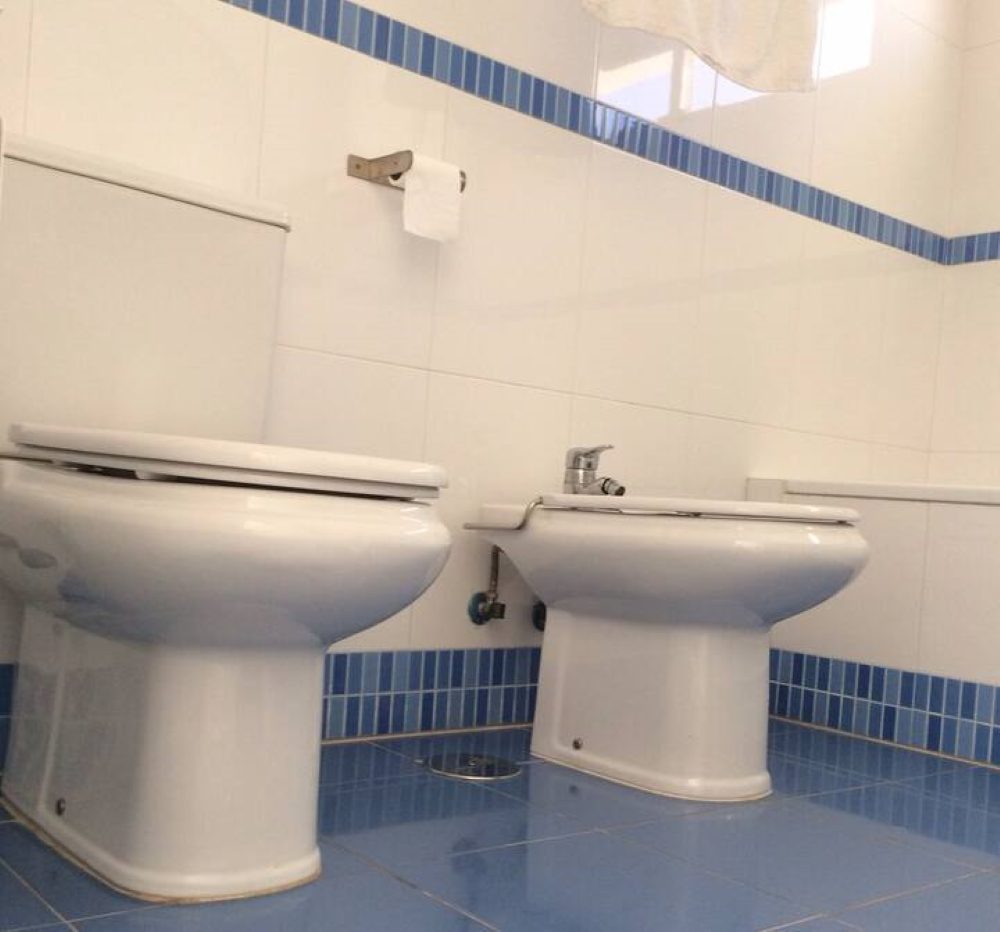 Badezimmer mit blauen Fliesen, WC und Bidet